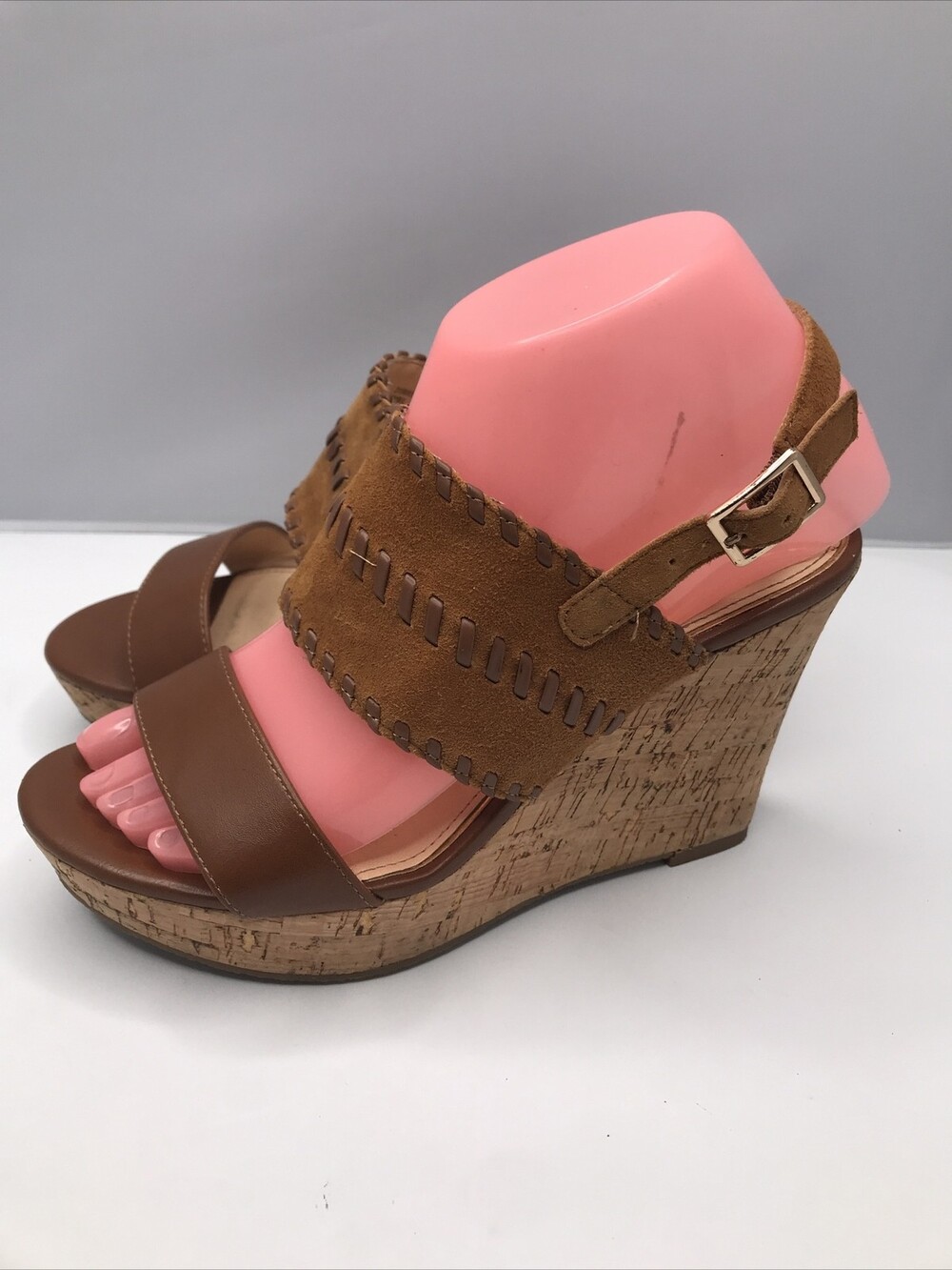 Michael Shannon Sybil Cognac Womens Brown Leather Slingback Wedge Sandals Sz 7